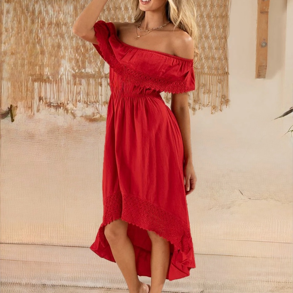 Linen Cotton Red Asymmetrical High-Low Sundress